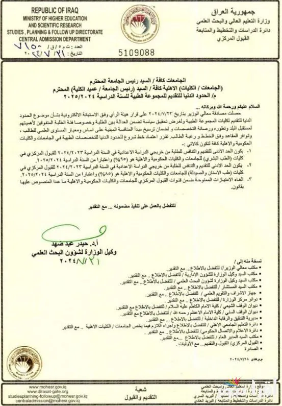 الحدود الدنيا 2024 للمجموعة الطبية وخطوات الاستعلام عن نتائج القبول المركزي وفقاً لوزارة التعليم العالي في العراق
