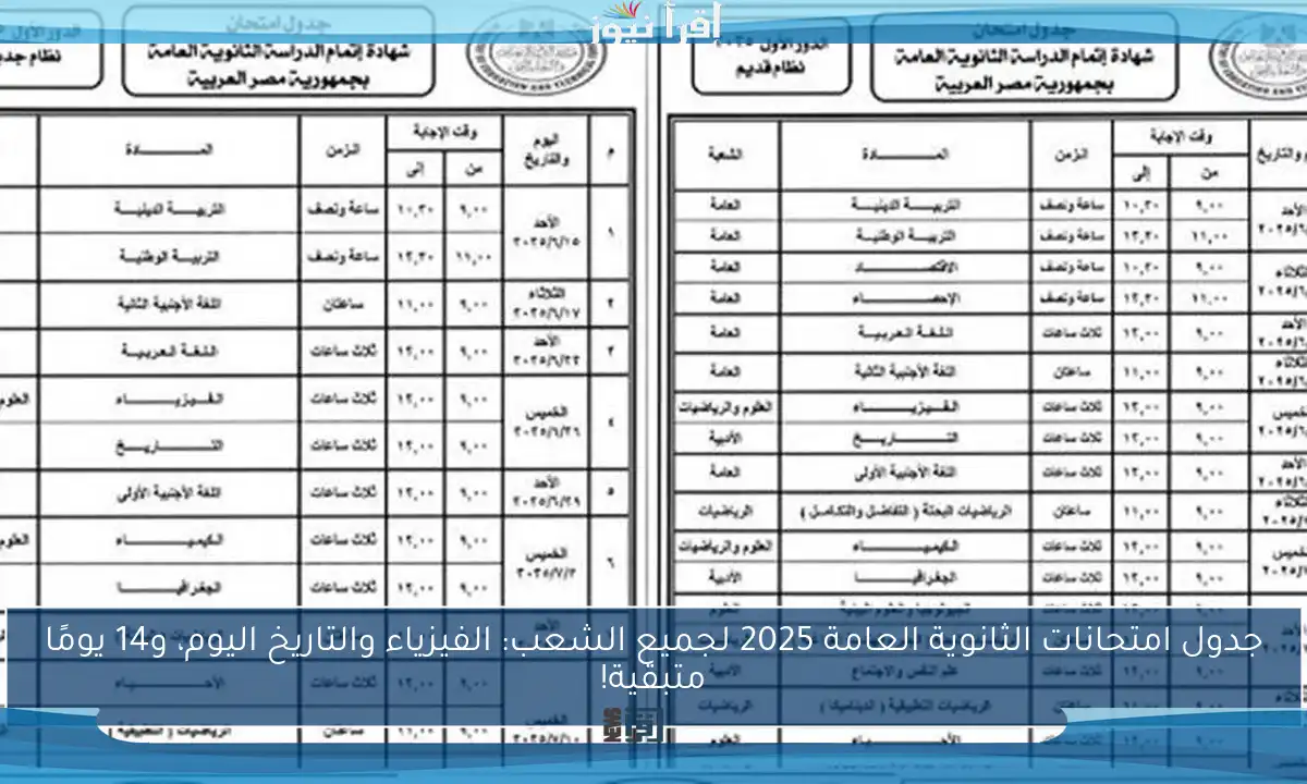 جدول امتحانات الثانوية العامة 2025 لجميع الشعب: الفيزياء والتاريخ اليوم، و14 يومًا متبقية!