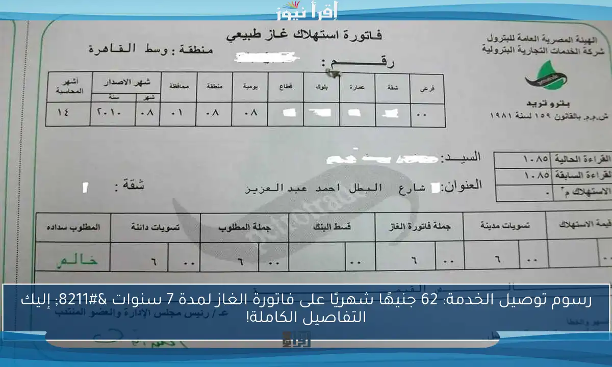 رسوم توصيل الخدمة: 62 جنيهًا شهريًا على فاتورة الغاز لمدة 7 سنوات – إليك التفاصيل الكاملة!