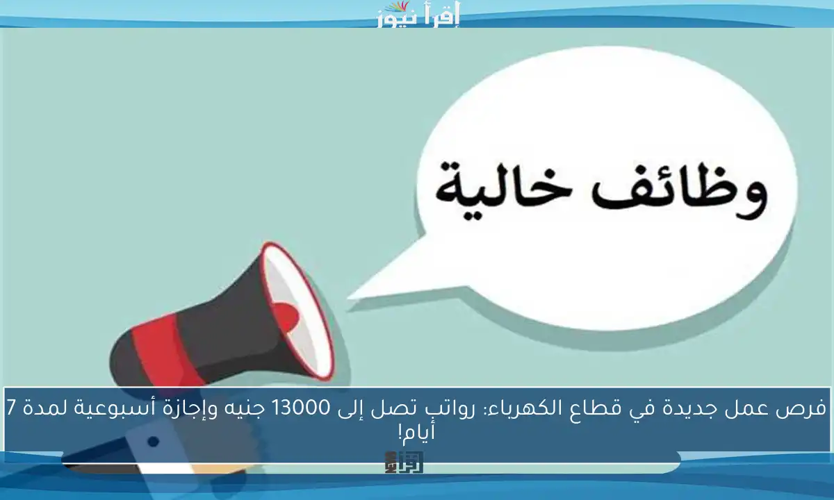 فرص عمل جديدة في قطاع الكهرباء: رواتب تصل إلى 13000 جنيه وإجازة أسبوعية لمدة 7 أيام!