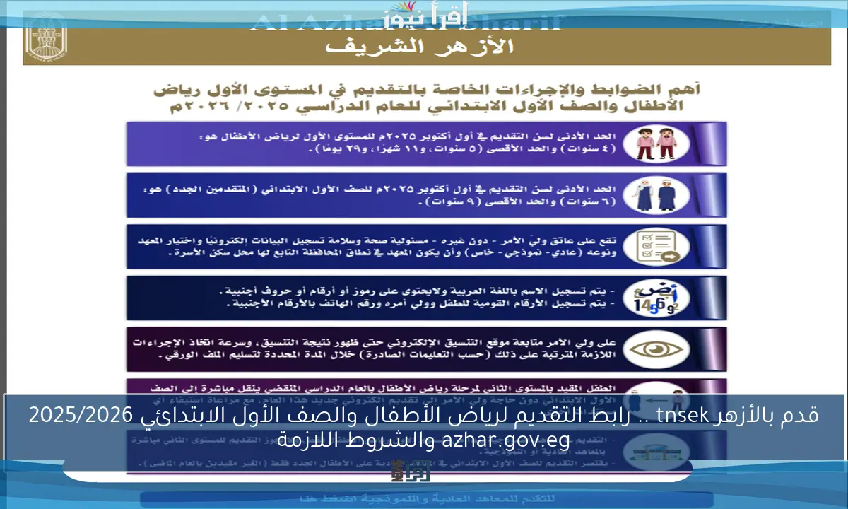 قدم بالأزهر tnsek .. رابط التقديم لرياض الأطفال والصف الأول الابتدائي 2025/2026 azhar.gov.eg والشروط اللازمة